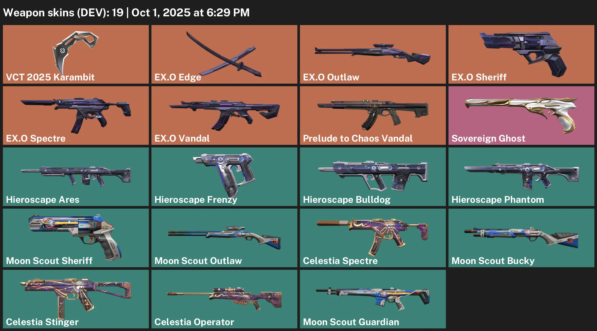 ASIA/SEA/OCE | 19 Skins + 2 Knives | VCT 2025 Karambit | EX.O Bundle | Prelude to Chaos Vandal | Sovereign Ghost | Hieroscape Phantom